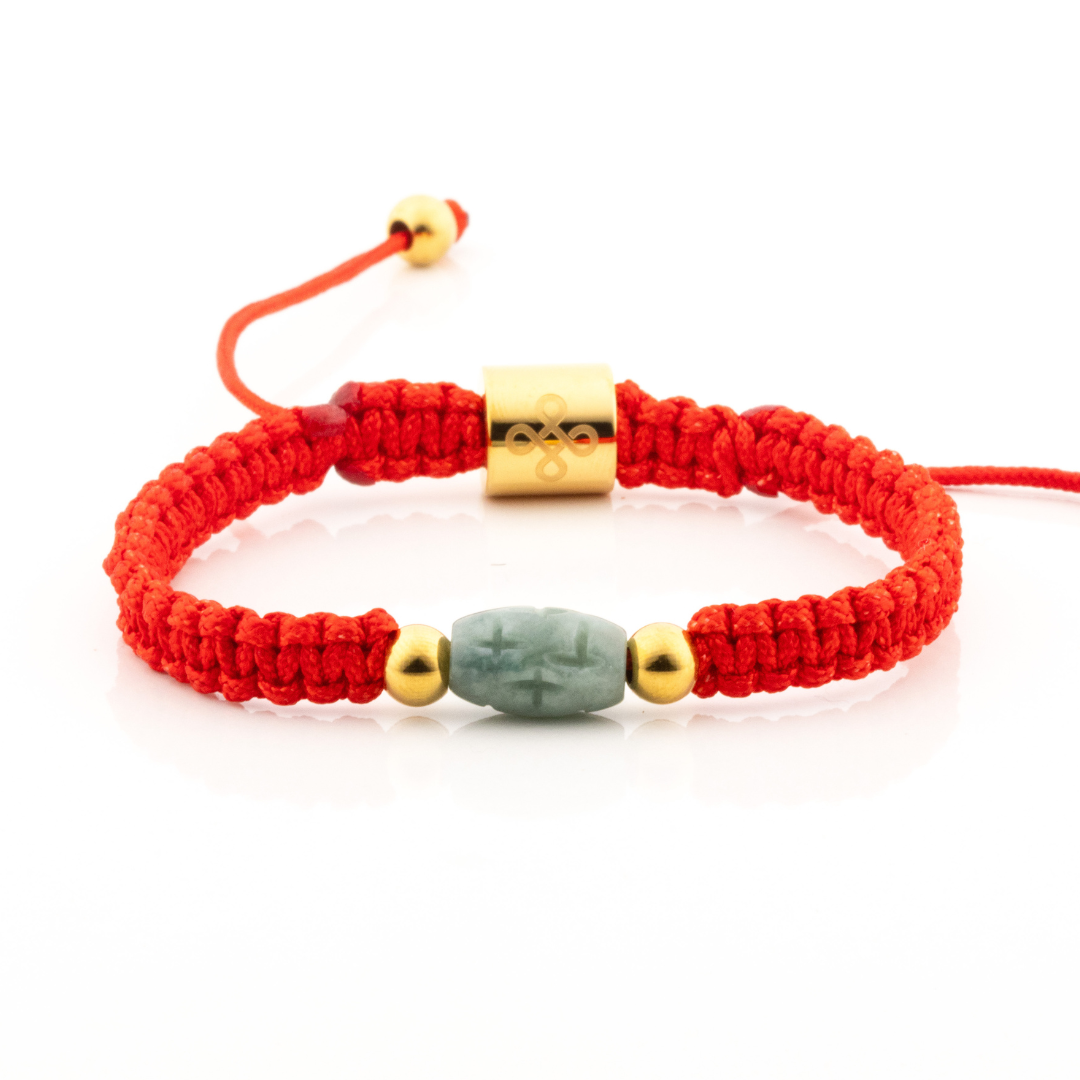 Cross Engraved Burmese Jade in Tibetan Red String Shambhala Bracelet