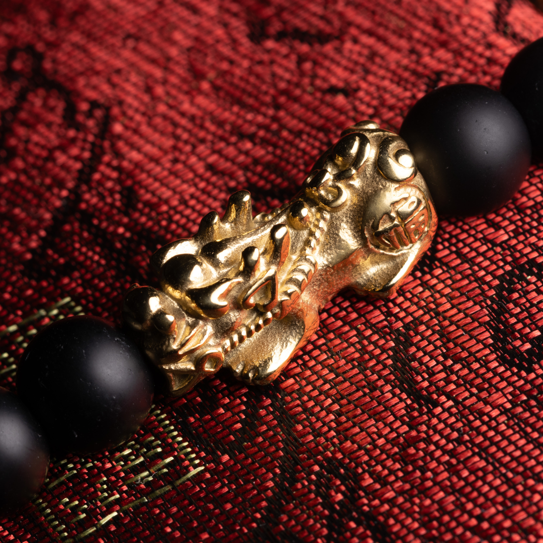 Emperor's Luck V - Lucky Piyao in Golden Pyrite and 9 Coins Engraved Black Onyx Bracelet - Lucky Life Manila