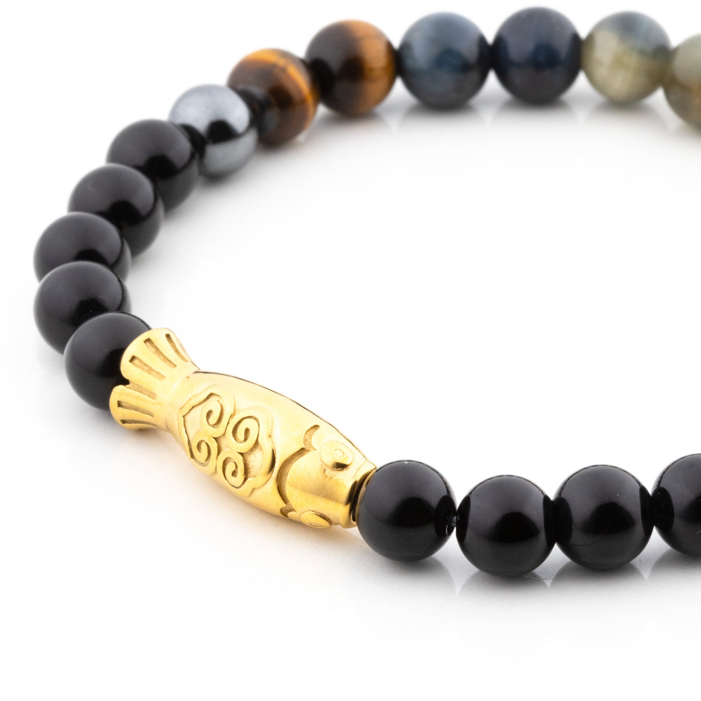Yamabuki I Bracelet (Koi Fish Charm, Black Onyx, Tiger's Eye, Hematite)
