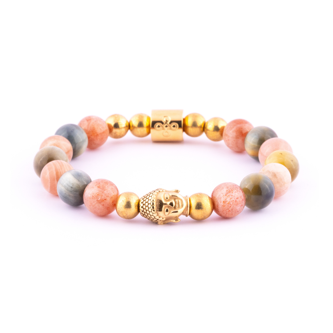 Apollo I Bracelet (Buddha Head Charm in Natural Golden Sunstone, Sunstone & Golden Blue Tigers Eye)