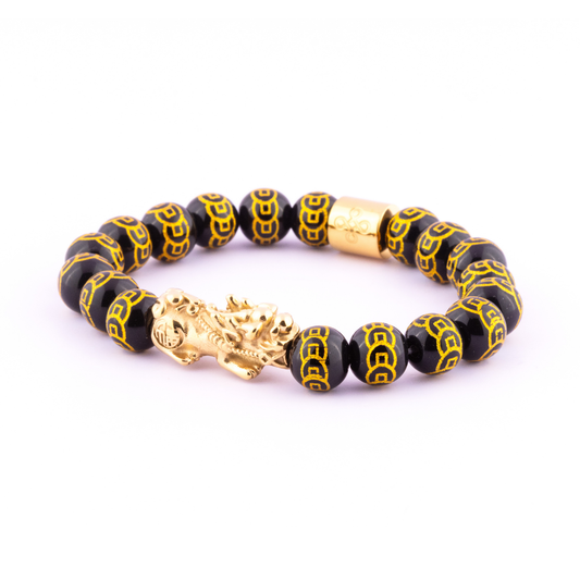 Lucky Piyao in 9-Coins Engraved Natural Black Onyx Bracelet