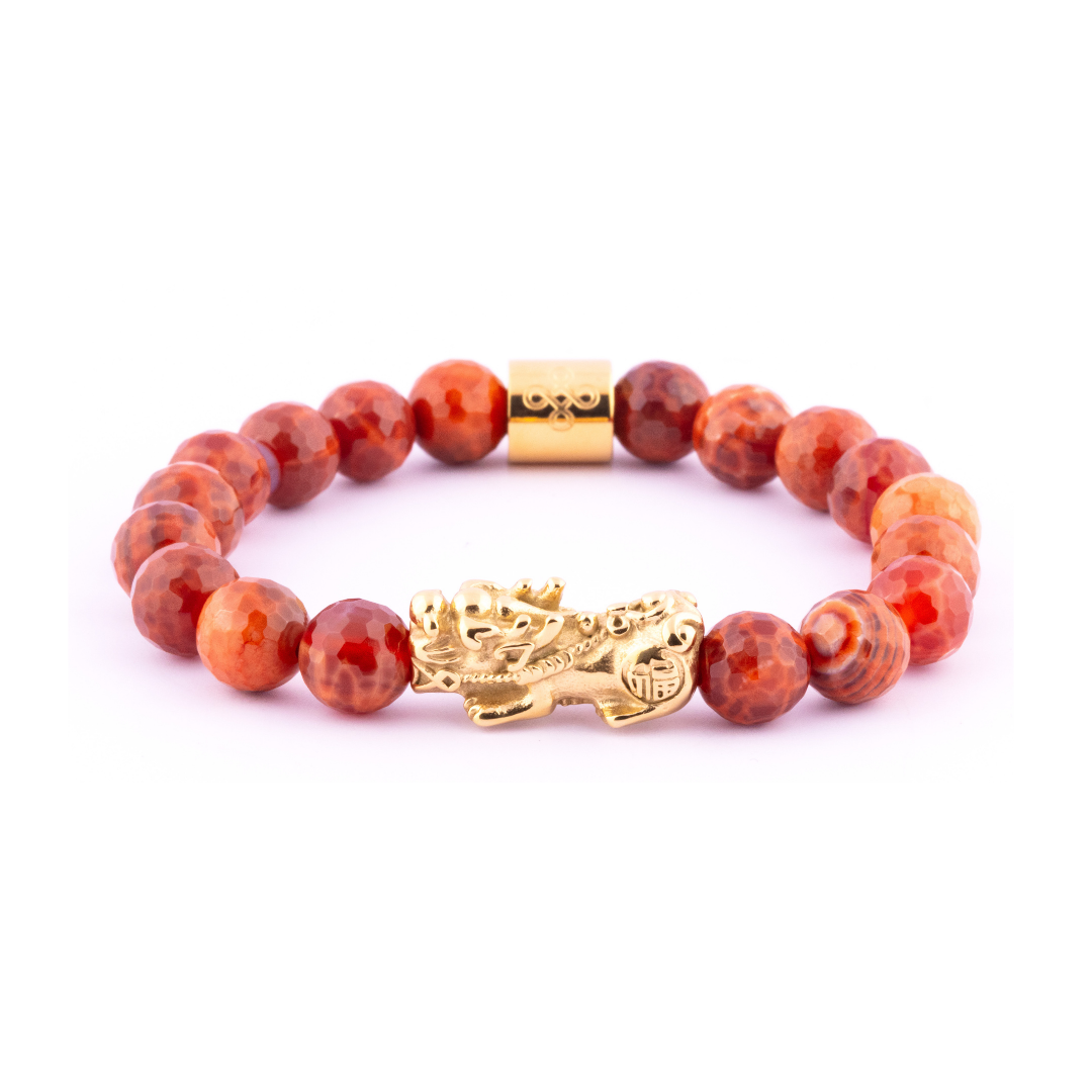 Lucky Piyao in Natural Faceted Fire Agate Bracelet