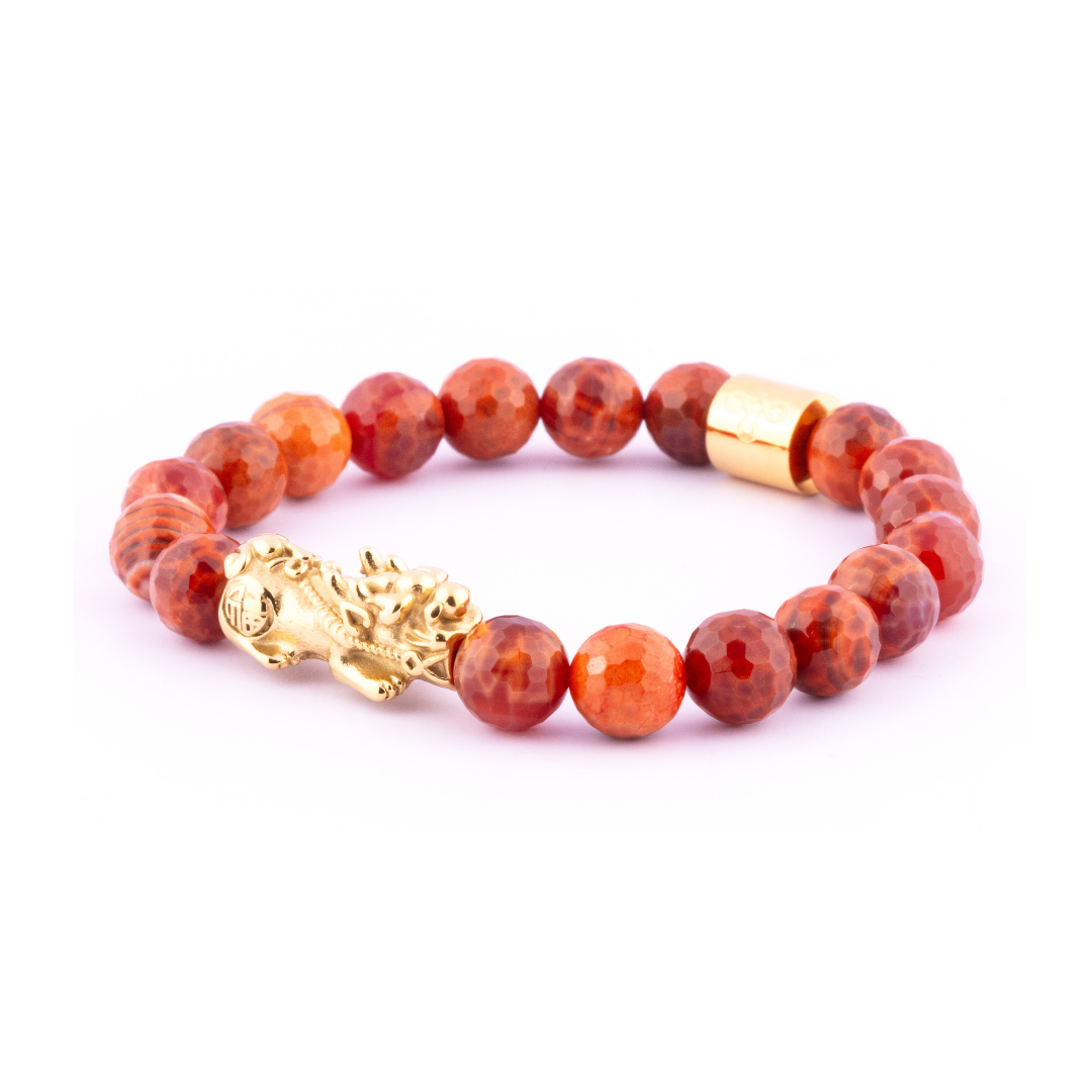 Lucky Piyao in Natural Faceted Fire Agate Bracelet
