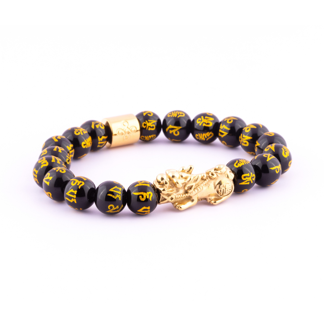Lucky Piyao in Mantra Engraved Natural Black Onyx Bracelet