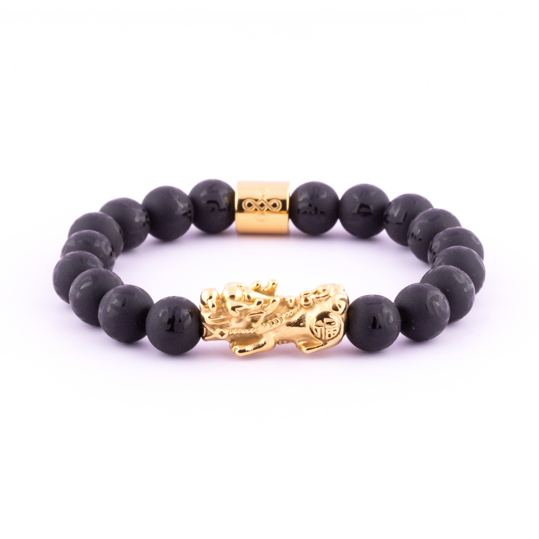 Lucky Piyao in Mantra Engraved Matte Natural Black Onyx Bracelet