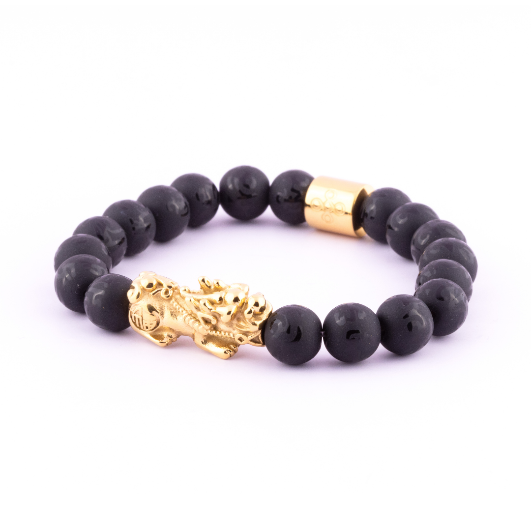 Lucky Piyao in Mantra Engraved Matte Natural Black Onyx Bracelet