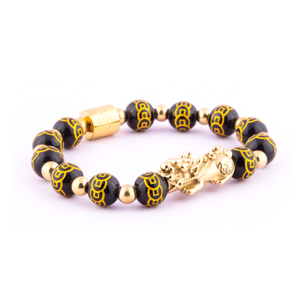 Emperor's Luck V Bracelet (Lucky Piyao in Coins Engraved Natural Black Onyx)