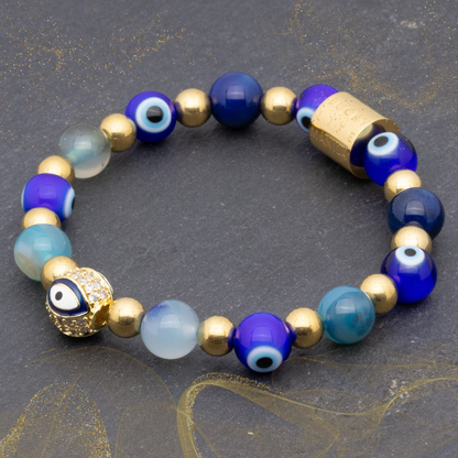 Diana I - Evil Eye Charm & Blue Evil Eye, Blue Lace Agate & Gold Pyrite Bracelet