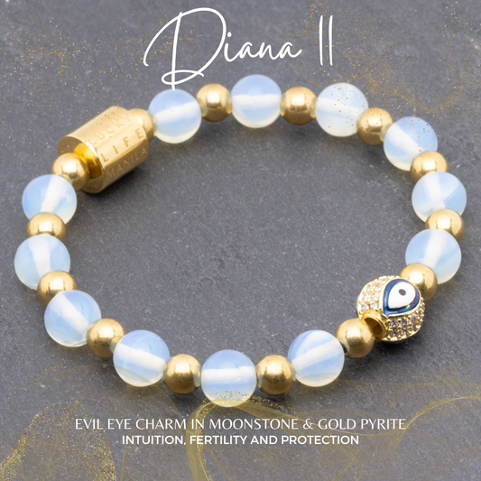 Diana II - Evil Eye Charm in Moonstone & Gold Pyrite Bracelet