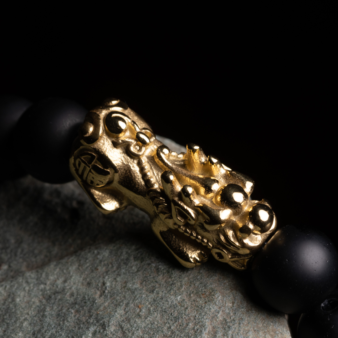 Emperor's Luck II Bracelet - Double Lucky Piyao in Gold Pyrite and Mantra Engraved Brown Tiger's Eye Bracelet