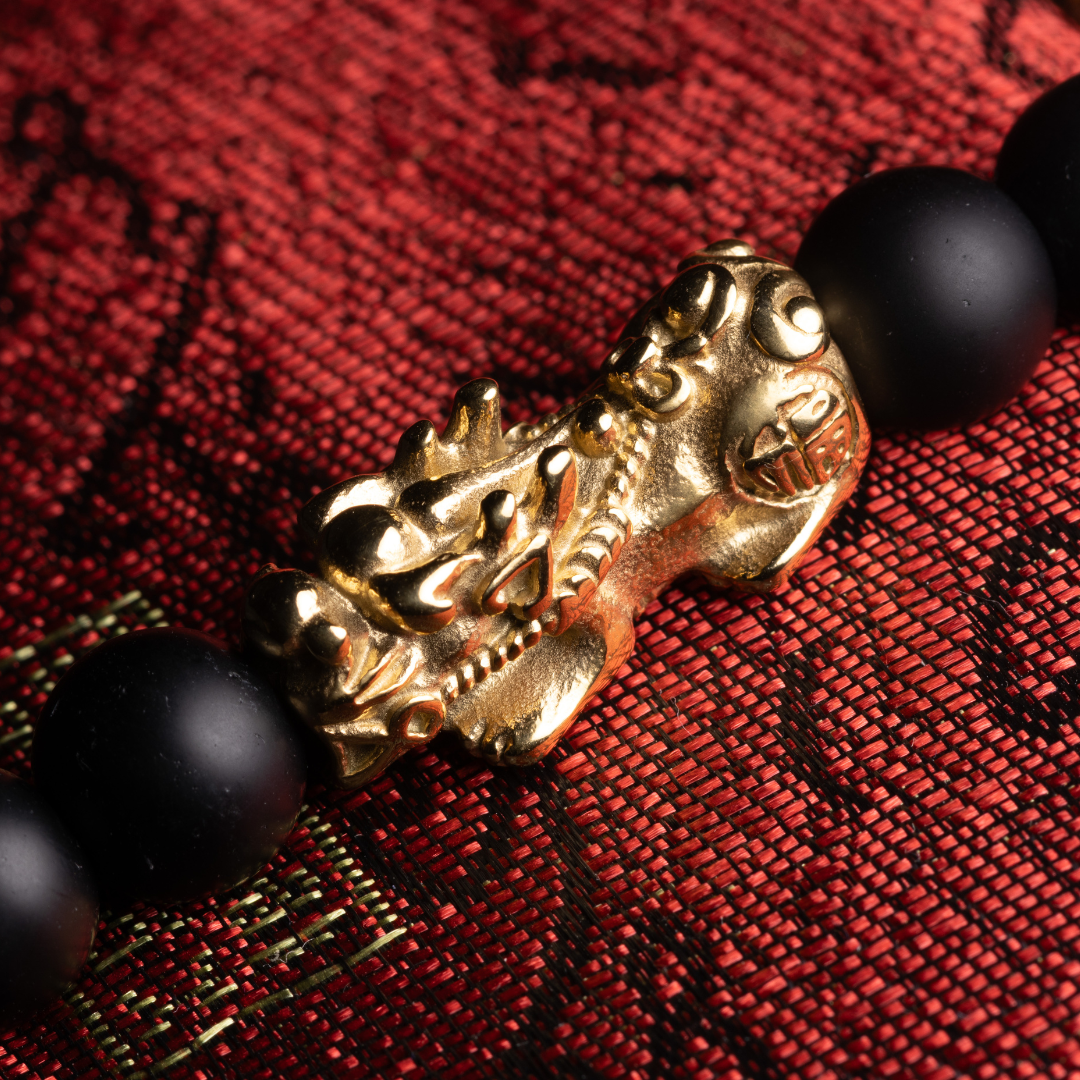 Emperor's Luck II Bracelet - Double Lucky Piyao in Gold Pyrite and Mantra Engraved Brown Tiger's Eye Bracelet