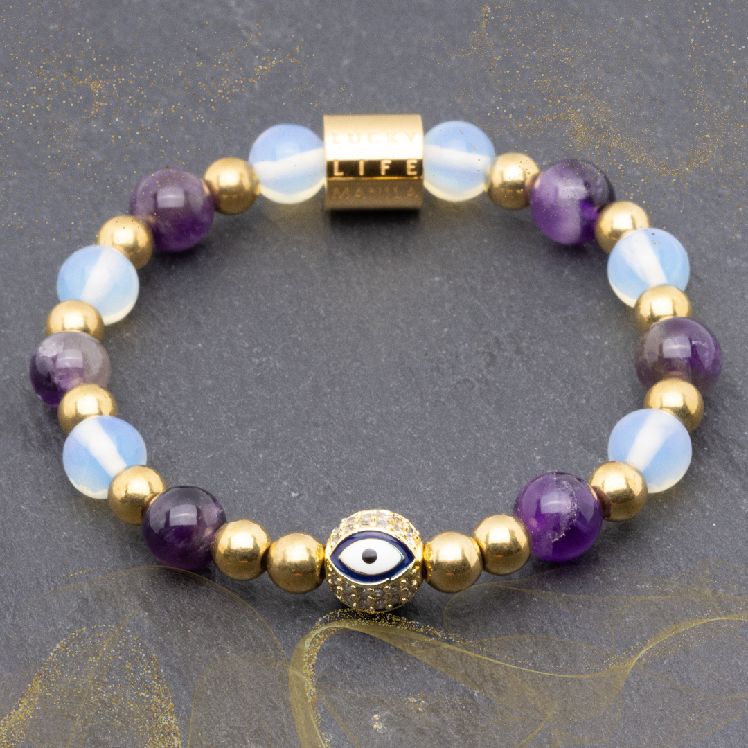 Diana III Bracelet - Evil Eye Charm, Amethyst, Moonstone & Gold Pyrite Bracelet
