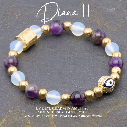 Diana III Bracelet - Evil Eye Charm, Amethyst, Moonstone & Gold Pyrite Bracelet