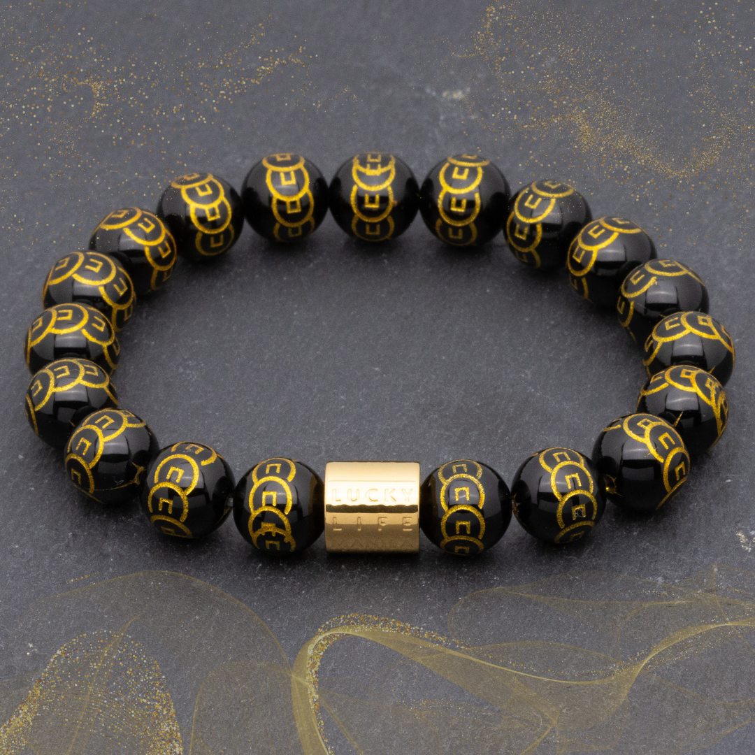 Classic 9 Coins Engraved Black Onyx Bracelet - Lucky Life Manila