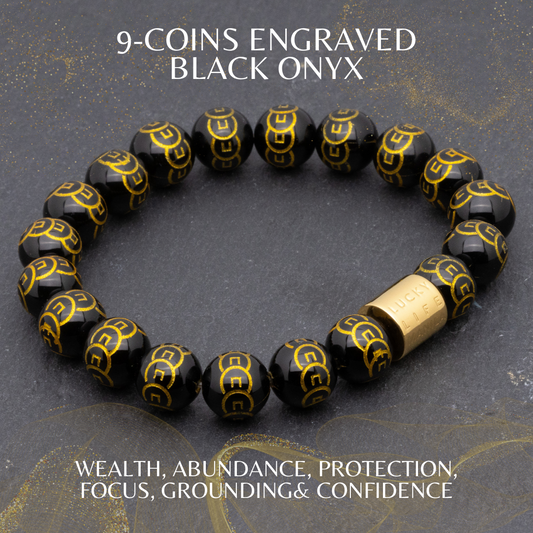 Classic 9 Coins Engraved Black Onyx Bracelet - Lucky Life Manila