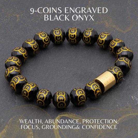 Classic 9 Coins Engraved Black Onyx Bracelet