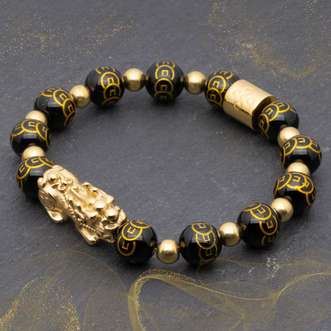 Emperor's Luck V - Lucky Piyao in Golden Pyrite and 9 Coins Engraved Black Onyx Bracelet