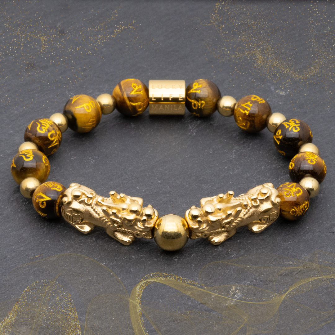 Emperor's Luck II Bracelet - Double Lucky Piyao in Gold Pyrite and Mantra Engraved Brown Tiger's Eye Bracelet