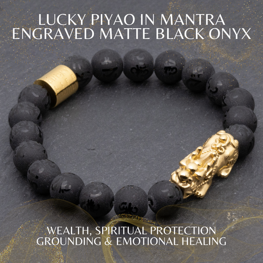 Lucky Piyao in Mantra Engraved Matte Black Onyx Bracelet