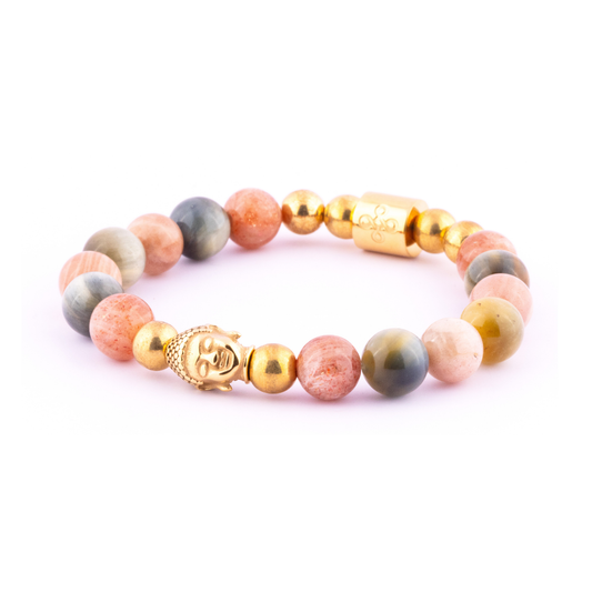 Apollo I Bracelet (Buddha Head Charm in Natural Golden Sunstone, Sunstone & Golden Blue Tigers Eye)