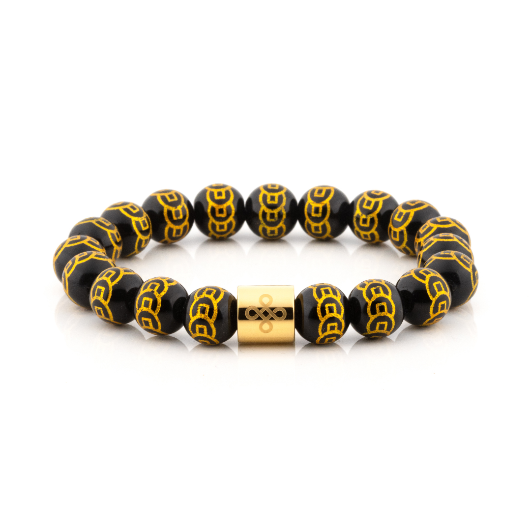 Classic 9 Coins Engraved Black Natural Onyx Bracelet