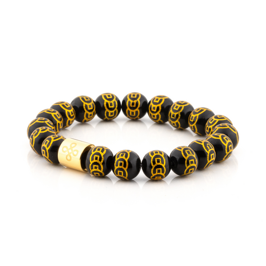 Classic 9 Coins Engraved Black Natural Onyx Bracelet
