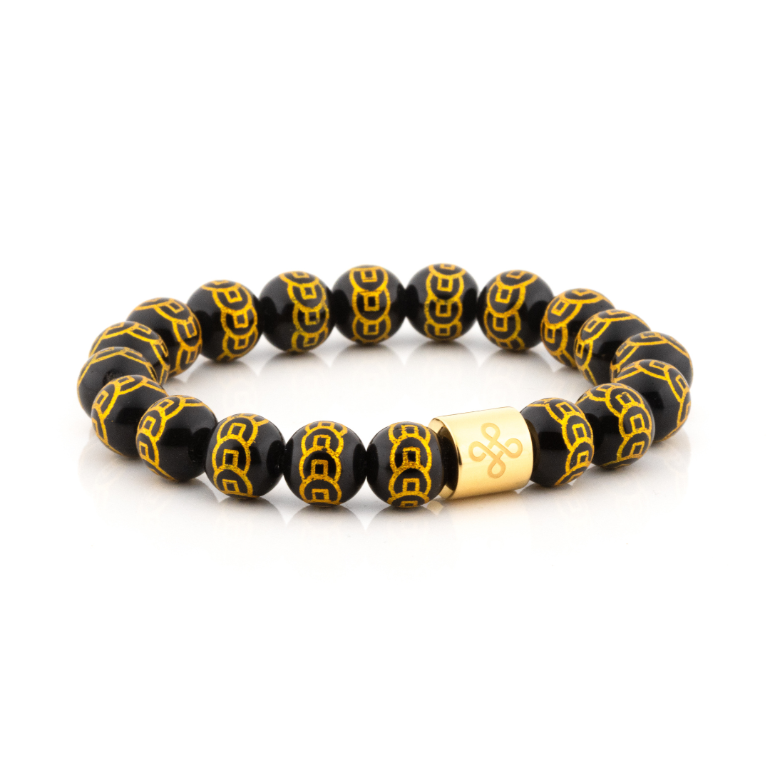 Classic 9 Coins Engraved Black Natural Onyx Bracelet