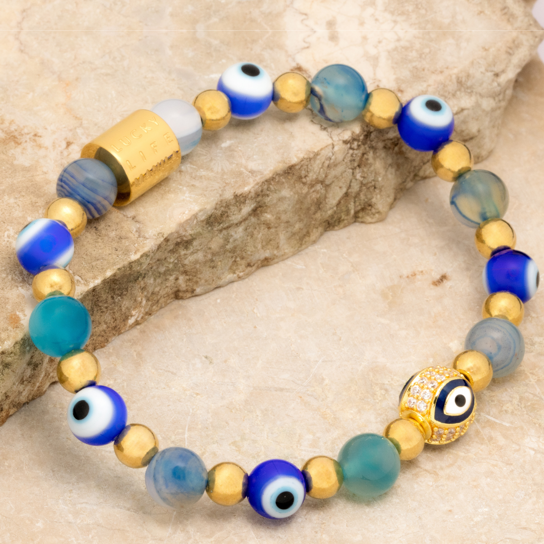 Diana I - Evil Eye Charm & Blue Evil Eye, Blue Lace Agate & Gold Pyrite Bracelet