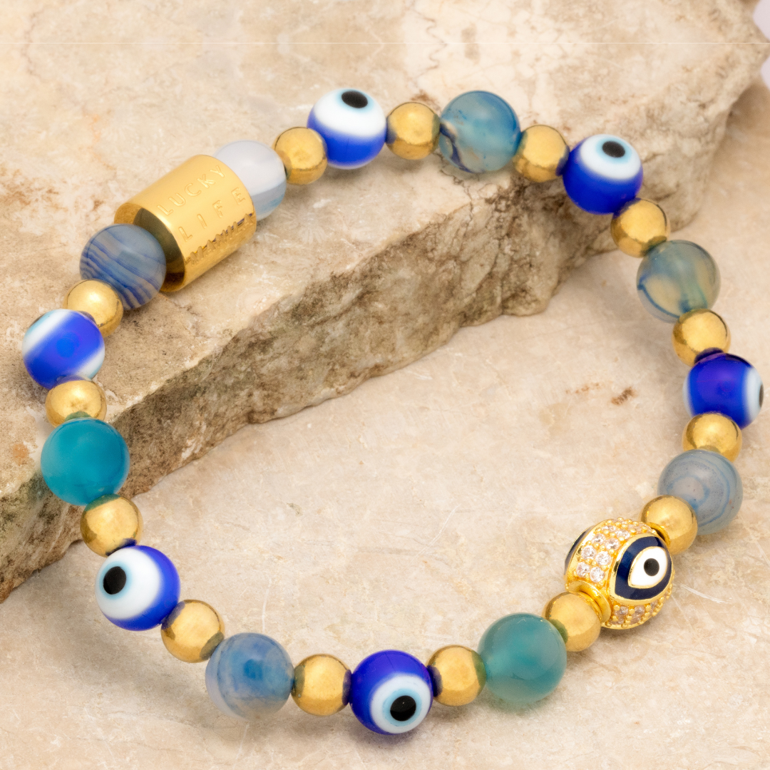 Diana I - Evil Eye Charm & Blue Evil Eye, Blue Lace Agate & Gold Pyrite Bracelet - Lucky Life Manila
