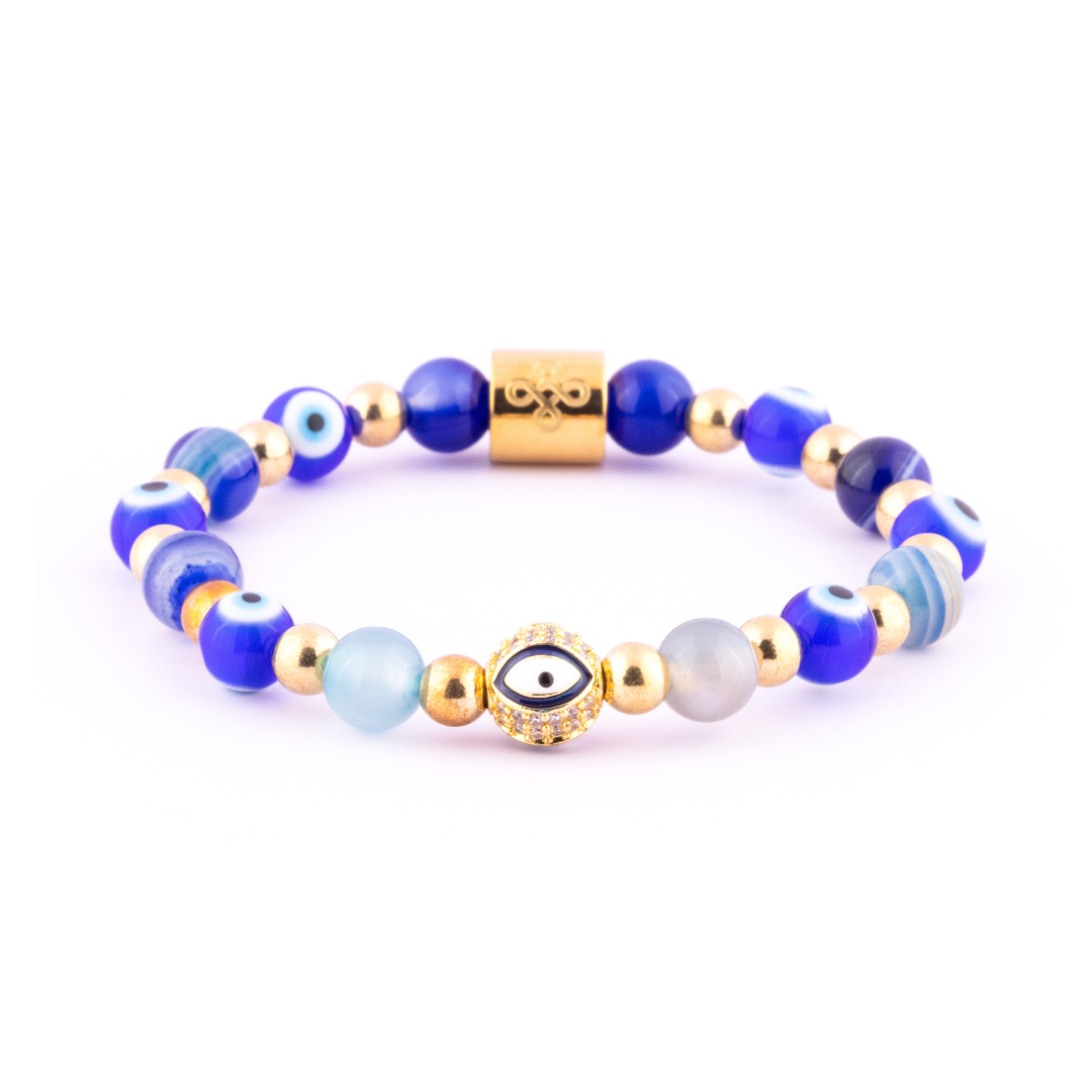 Diana I Bracelet (Evil Eye Charm in Natural Blue Evil Eye, Blue Lace Agate & Gold Pyrite)