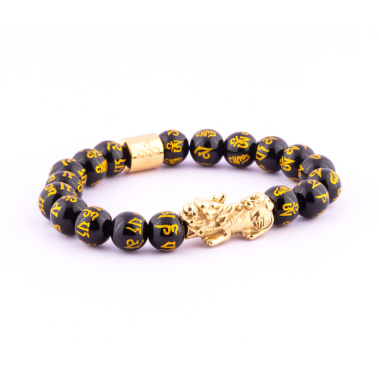 Lucky Piyao in Mantra Engraved Natural Black Onyx Bracelet