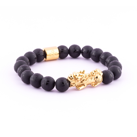 Lucky Piyao in Mantra Engraved Matte Natural Black Onyx Bracelet