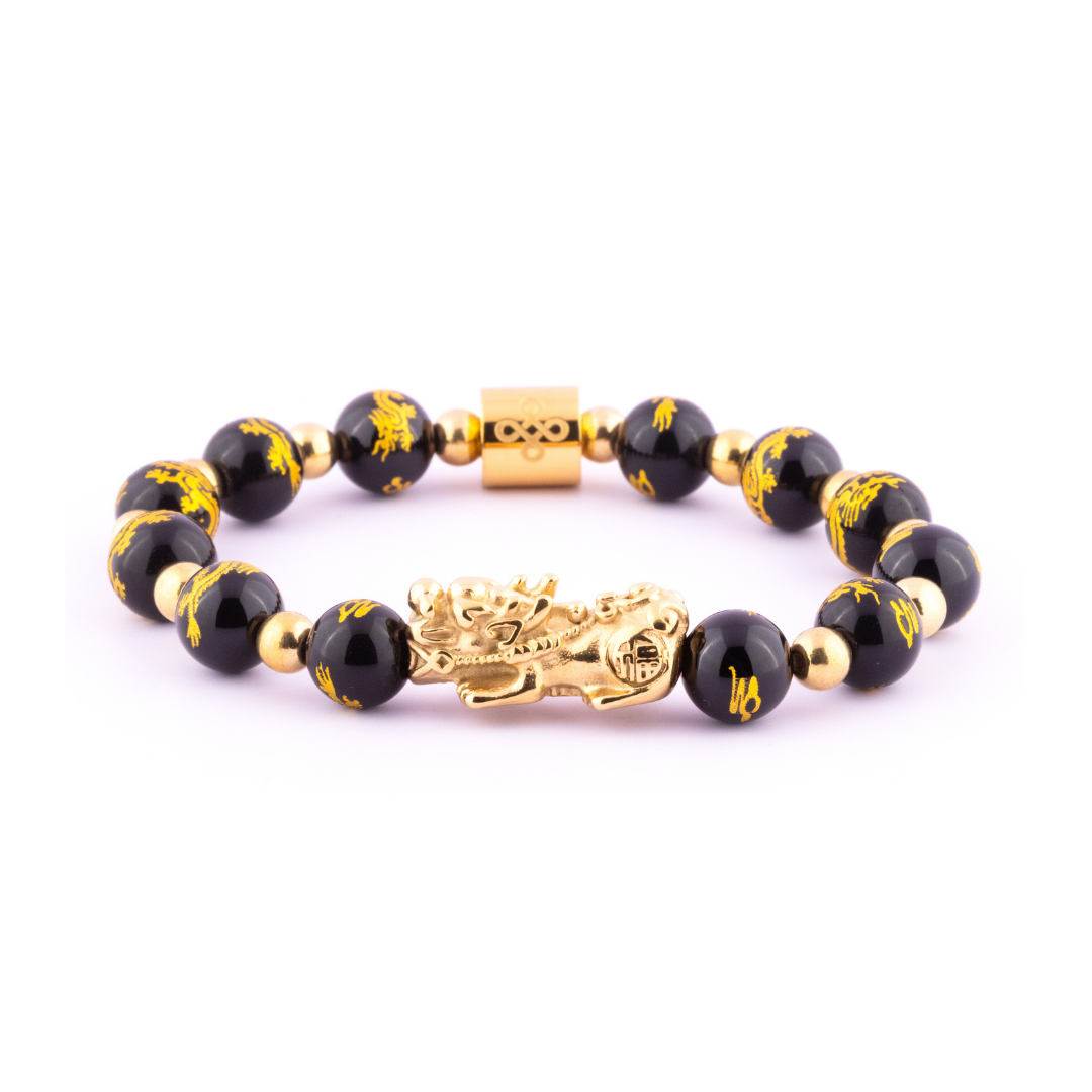 Emperor's Luck IV Bracelet (Lucky Piyao in Dragon Engraved Natural Black Onyx)