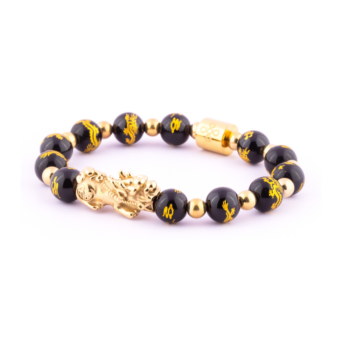 Emperor's Luck IV Bracelet (Lucky Piyao in Dragon Engraved Natural Black Onyx)