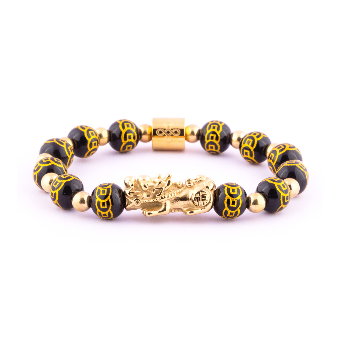 Emperor's Luck V Bracelet (Lucky Piyao in 9 Coins Engraved Natural Black Onyx)