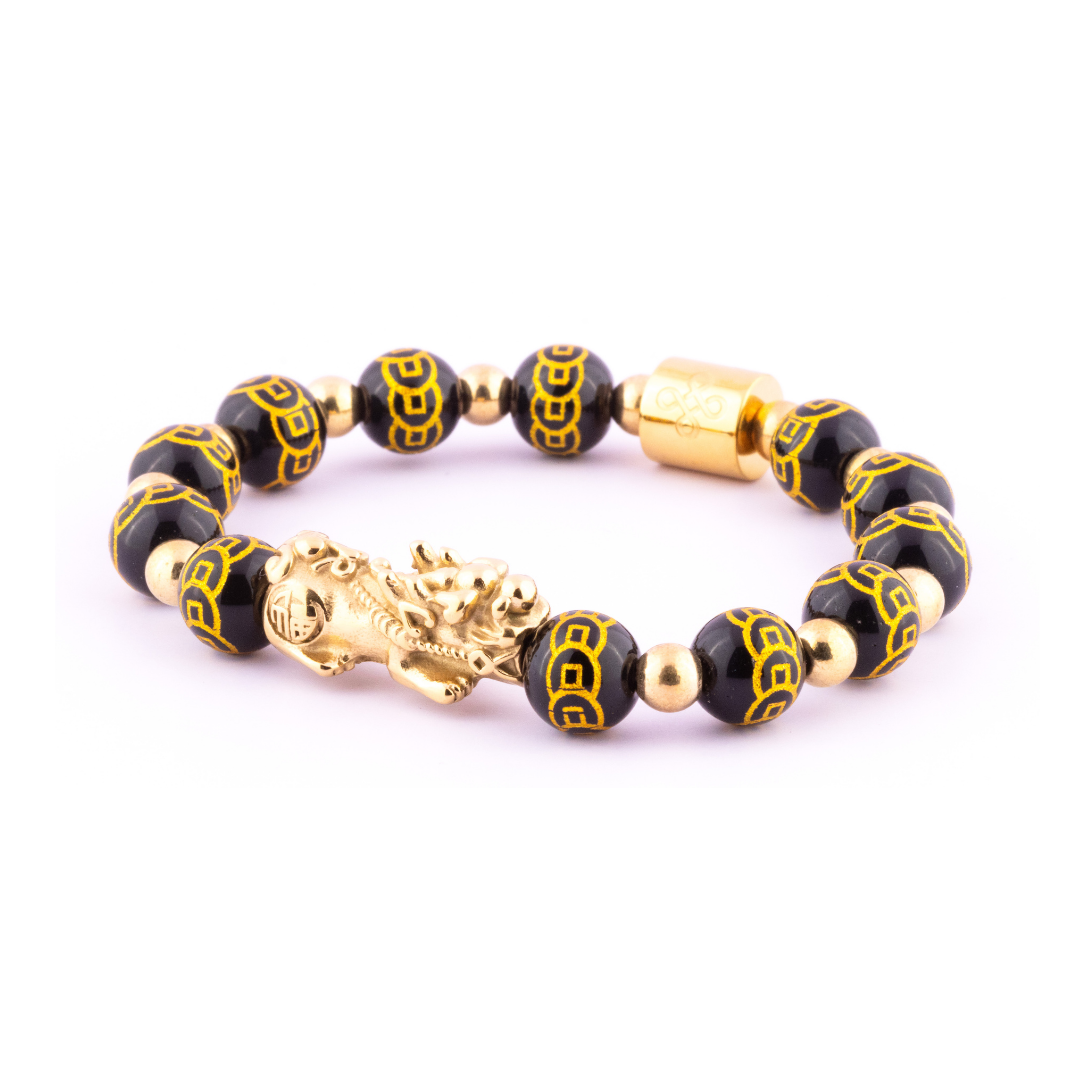 Emperor's Luck V Bracelet (Lucky Piyao in 9 Coins Engraved Natural Black Onyx)