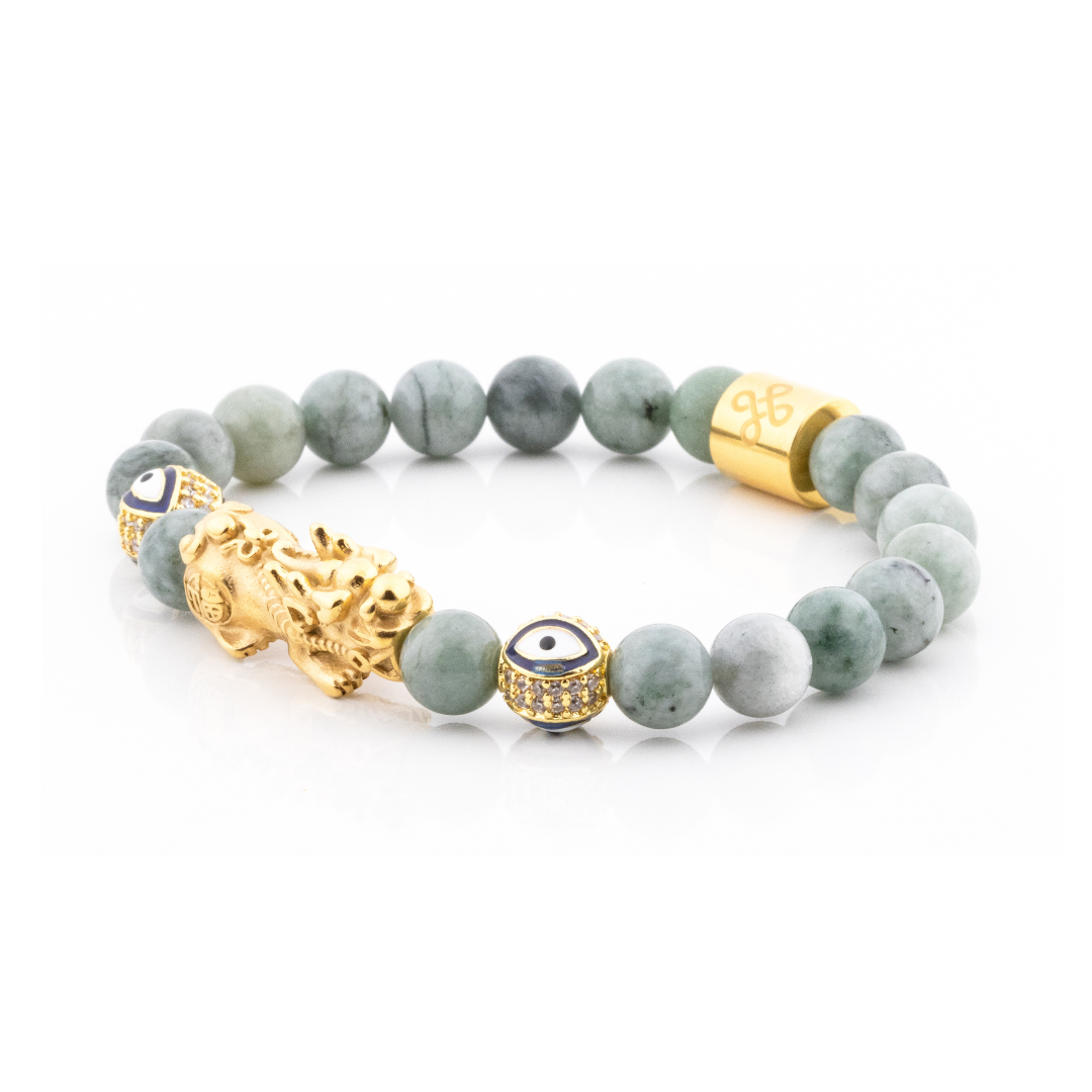 Emperor's Luck VI Bracelet (Lucky Piyao  and Evil Eye Charm in Natural Burmese Jade)