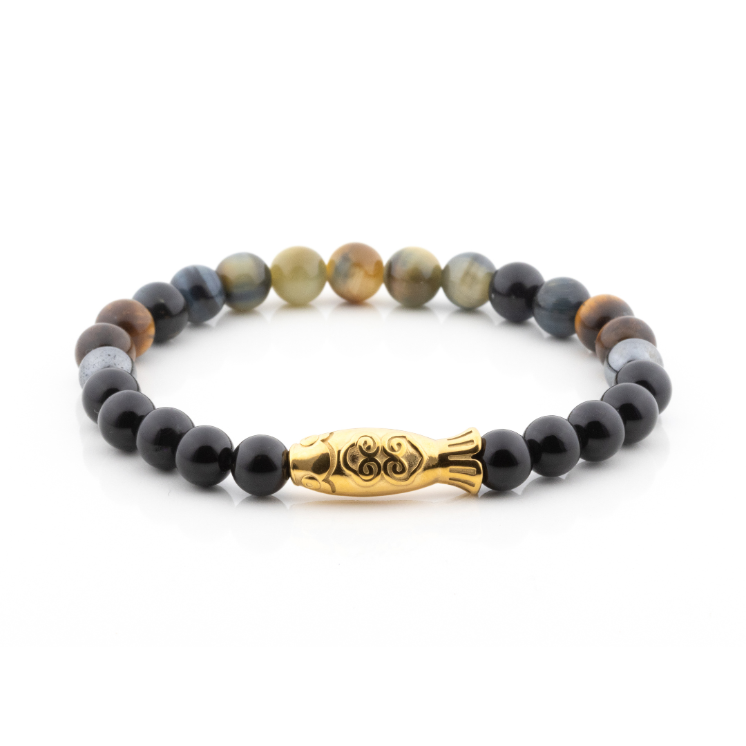 Yamabuki I Bracelet (Koi Fish Charm, Black Onyx, Tiger's Eye, Hematite)