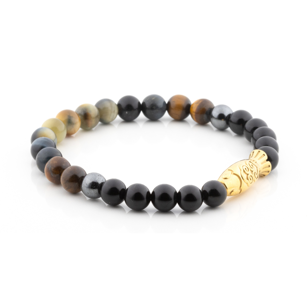 Yamabuki I Bracelet (Koi Fish Charm, Black Onyx, Tiger's Eye, Hematite)
